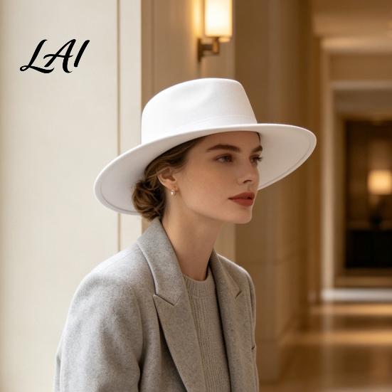 Polyester Warm Winter Cap Flat Top Fedora Hat Wool Blend Derby Cap Retro Jazz Elegant Headwear Wide Brim Felt Hat for Women Events & Daily