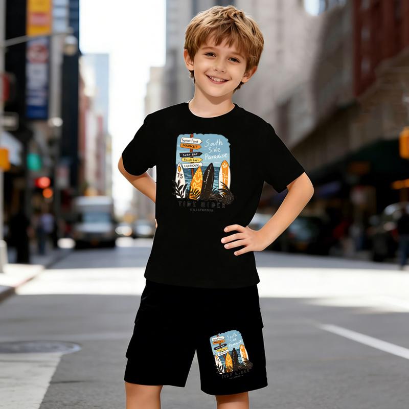 

Boys 2 Piece California Surf Pattern Print Outfit, Short Sleeve T-Shirt and Shorts Set for Kids Age 5-14,Black and White Sporty Casual Summer Clothes 5-6 Years чёрный