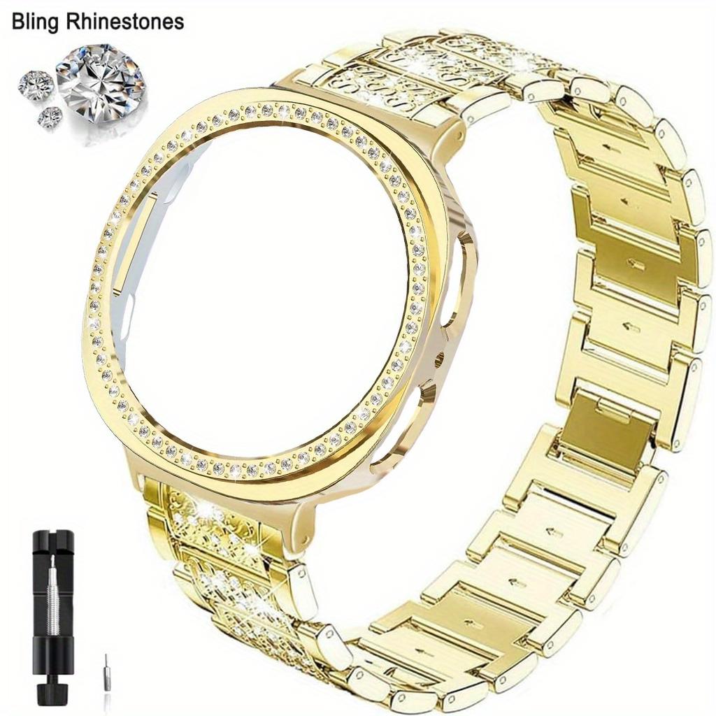 Rhinestone Bling Metal Watch Band + PC Protective Case For Samsung Galaxy Watch 8 44mm 40mm Business Watch Band