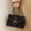 Vintage Suede Handbag Women With Gold Buckle Ctrast Stitching Shoulder Bag Elegant Designer-style Versatile Date Crossbody Bag