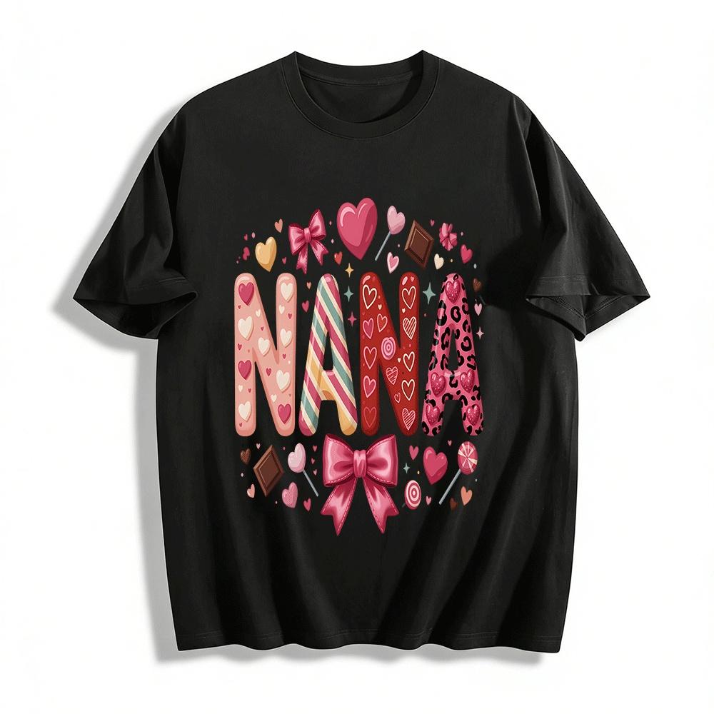 Valentine s Day Nana Heart Bow Print Casual Top Pure cotton T-shirt XXS
