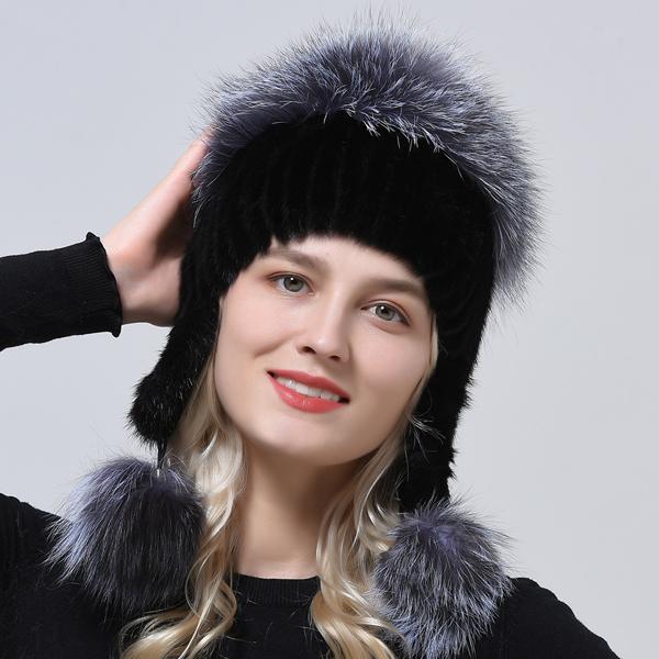 Genuine Mink Fur Hat For Women Winter Hats Wholesale 100% Real Fur Hat Women Winter Knitted Fluffy Outdoor Knitted Earflap Hat