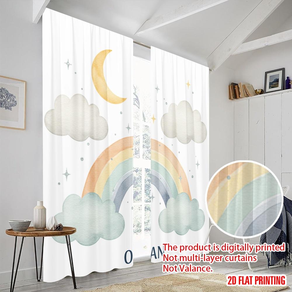 2pcs 2D Flat Printing Curtains Cute Rainbow Cloud Moon Polyester Without Electricity Party Decorations for Indoor Celebrations