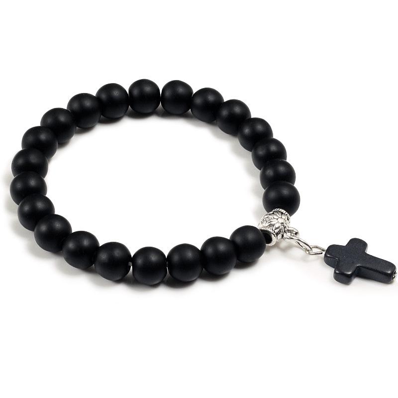 Turquoise Lava Stone Cross Pendant Bracelet with Elastic Cord
