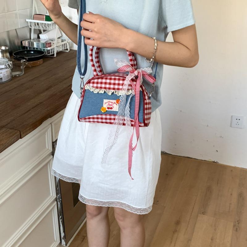 Small Fresh Lace Handbag Literary and Artistic Fan Retro Fashion Red and Blue Contrasting Color Plaid Handbag