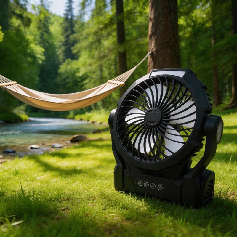 Portable LED Camping Fan Light with Light Rain Protection Rechargeable Hanging Design for Tent Night Fishing Outdoor Use