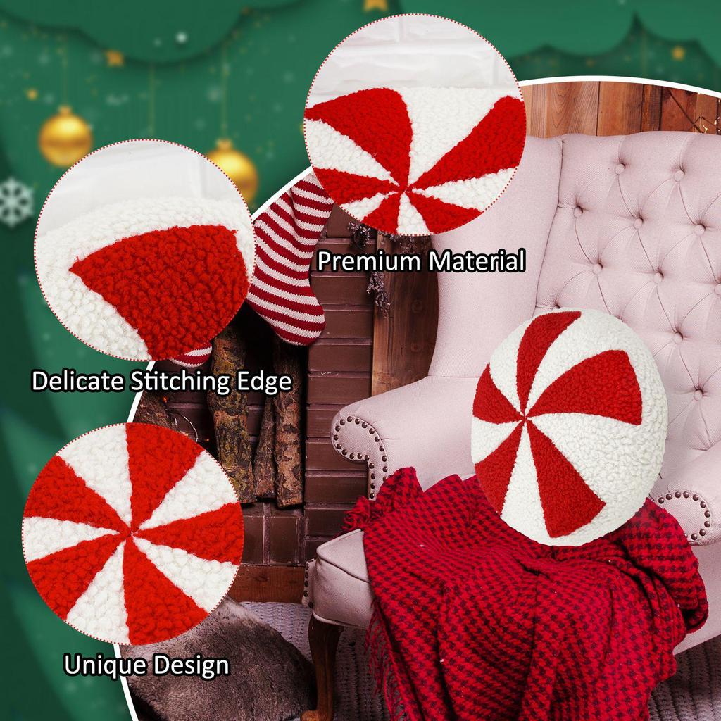 3D Red and White Christmas Candy Plush Pillow: Decorative Back and Seat Cushion