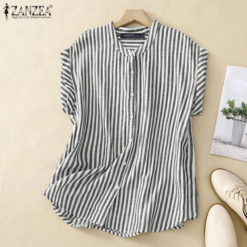 

ZANZEA Women Casual Round Neck Summer Short Sleeve Stripe Blouse S чёрный