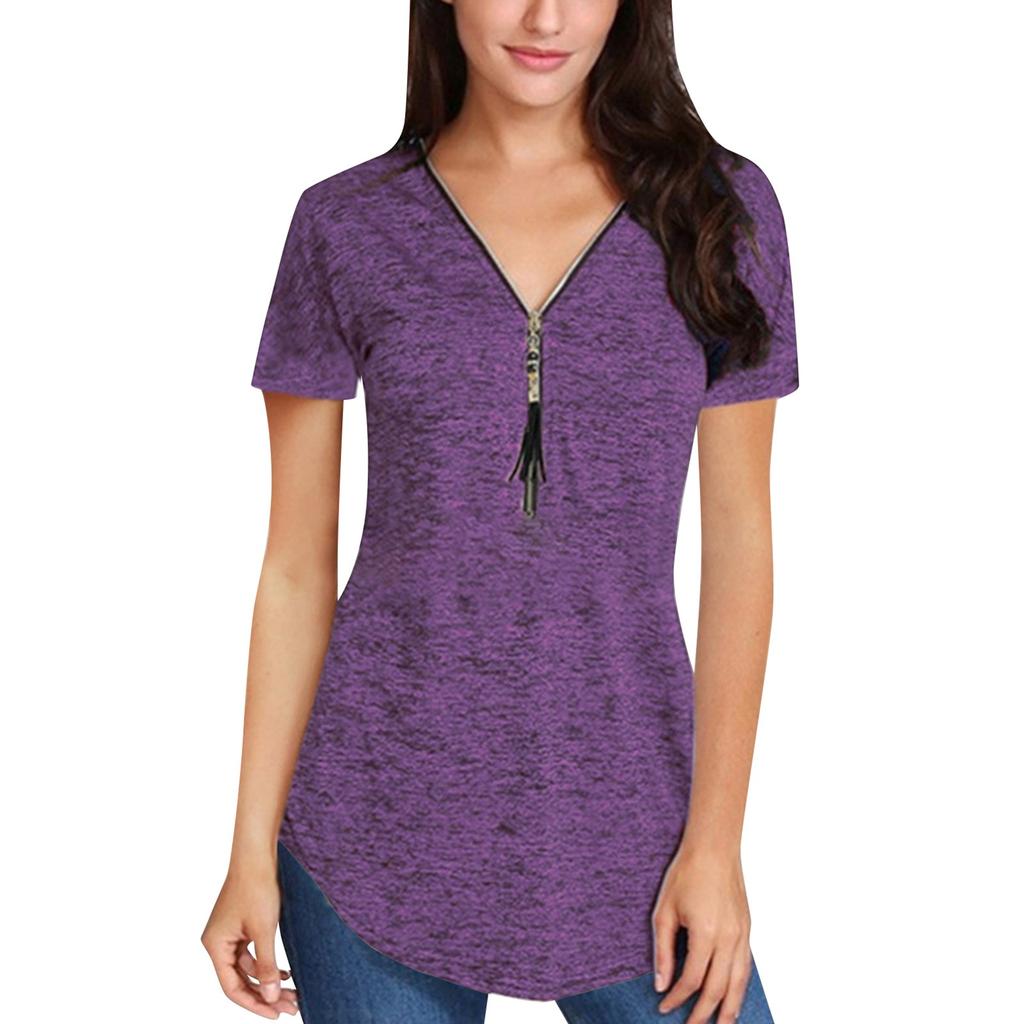 Women's Fashion Summer V-neck Tassel Zipper Color Short Sleeve Pullover T-shirt Top
