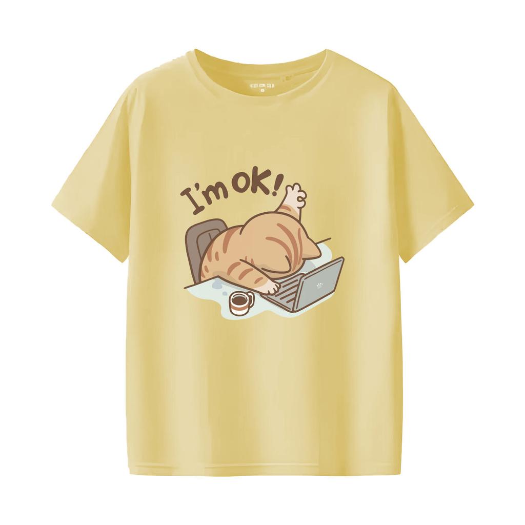 Interesting OK cat cartoon printed short sleeved round neck Womens Tshirt for spring and summer versatile Womens Tshirt