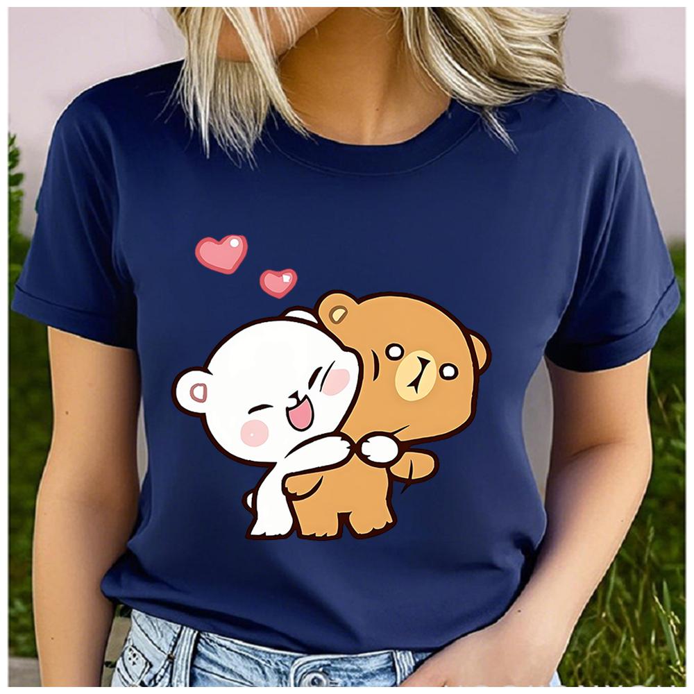 Unisex Polyester 100% Love Bear Print Loose Round Neck Casual Short Sleeve T-Shirt Fashion Summer Top