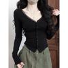 Elegant Lace-Trim V-Neck Slim Fit Long-Sleeve Top for Women - Spring Collection