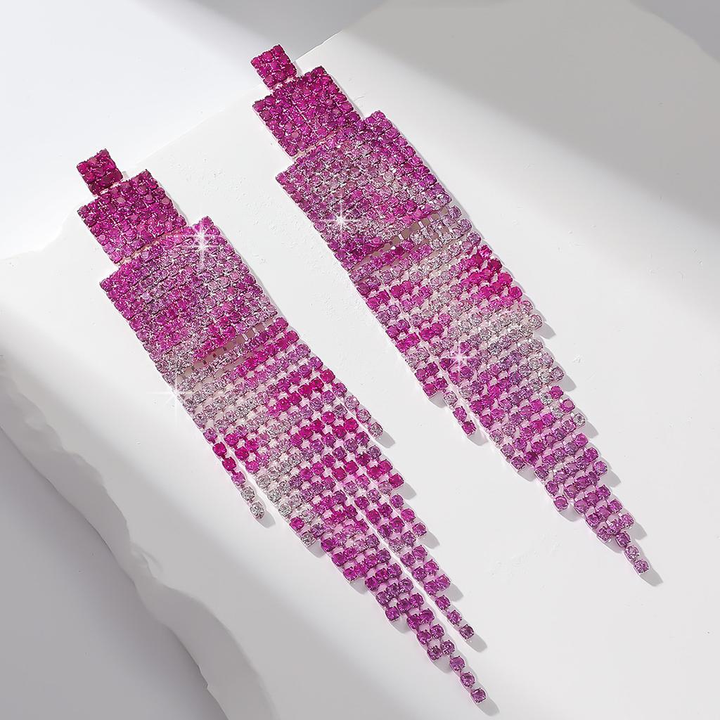 Color Diamond-Set Long Fringed Earrings, Heavy Industry Exaggerated Design Earrings, Fashion Earrings