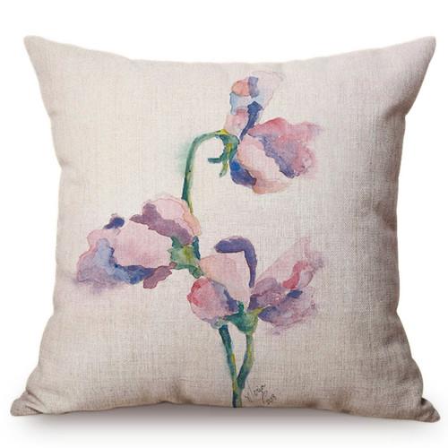 Watercolor Red Flower Splatter Art Sofa Decorative Throw Pillow Case Violet Green Leaves Yellow Petal Cotton Linen Cushion Cover