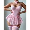 3 Piece Pink Sexy Dresses Women Lace Lingerie Mesh Pure Desire Sling Strap Shapewear Bandage Waist Shaping Dress+Thong+Socks Set