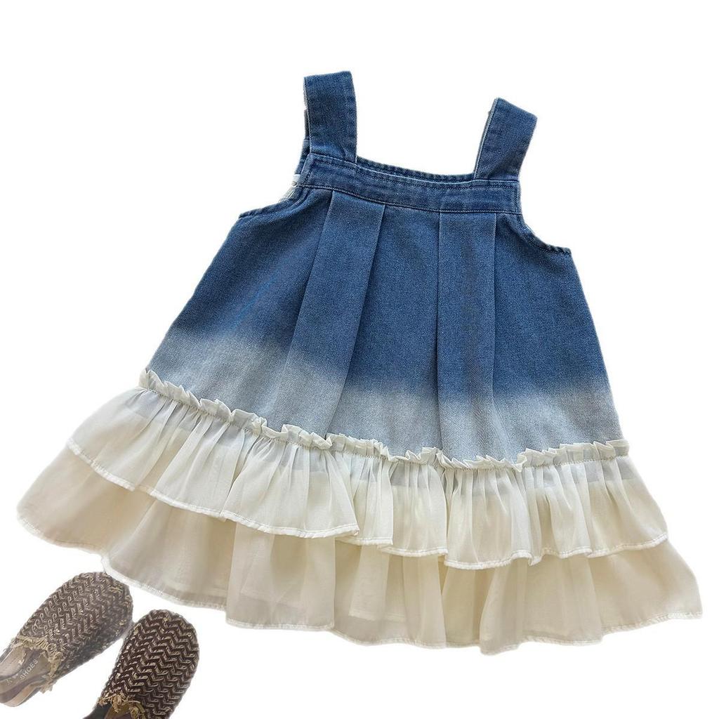 Girls' Summer Denim Gradient Ruffle Mesh Overall Skirt Dress
