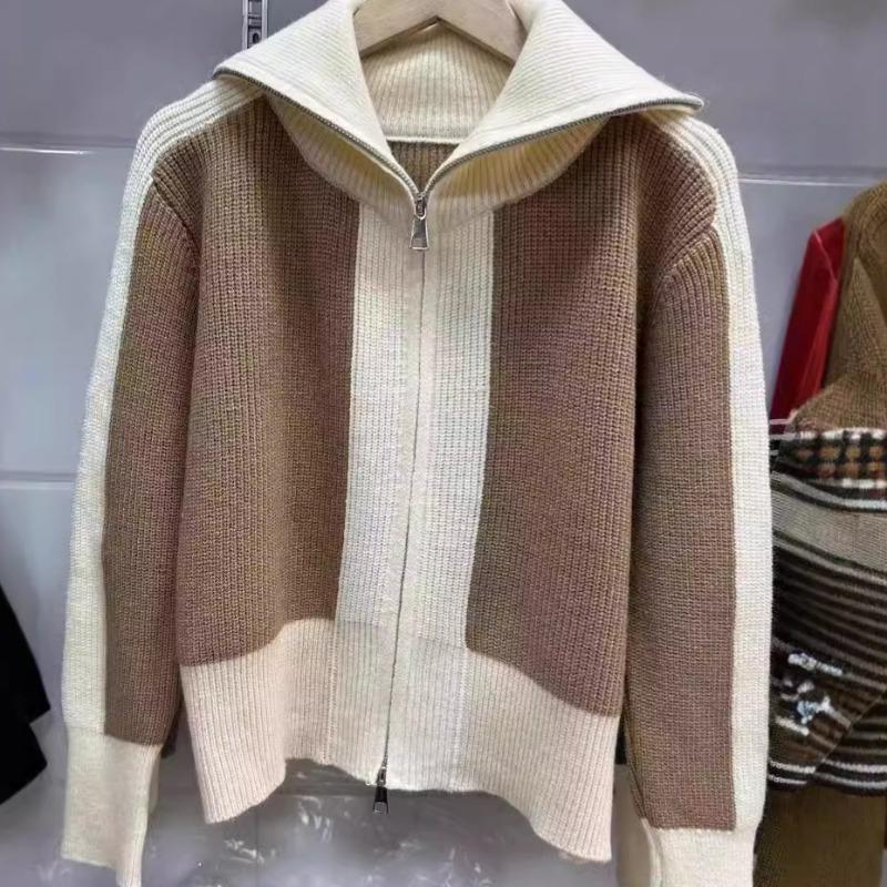 Contrasting Color Splicing Lapel Sweater Jacket Cardigan Women's New Design Double-ended Zipper Knitted Sweater Tide