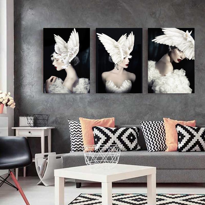 Nero Bianco Moda Donna Ali di piccione Cappello Astratta Tela Poster Stampa Stile nordico Pittura Immagine Moderna Home Decor