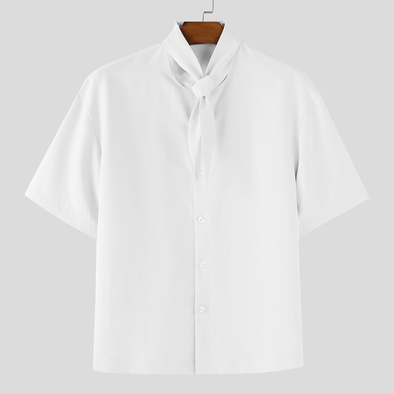 INCERUN Oversized Men Tie Up Short Sleeve Button Down Casual Loose Shirts