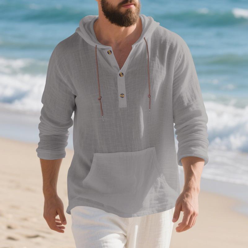 Men's Autumn Sports Casual Long-Sleeved Shirt Cotton-Linen Blend Hooded Pullover Sweatshirt Versatile Loose-Fit Beach T-Shirt