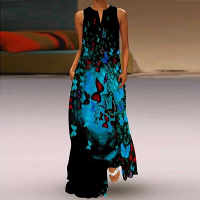 Vestido largo de corte A para mujer, sin mangas, con estampado de mariposas y remolino, para otoño/invierno, con escote en V, estilo retro elegante