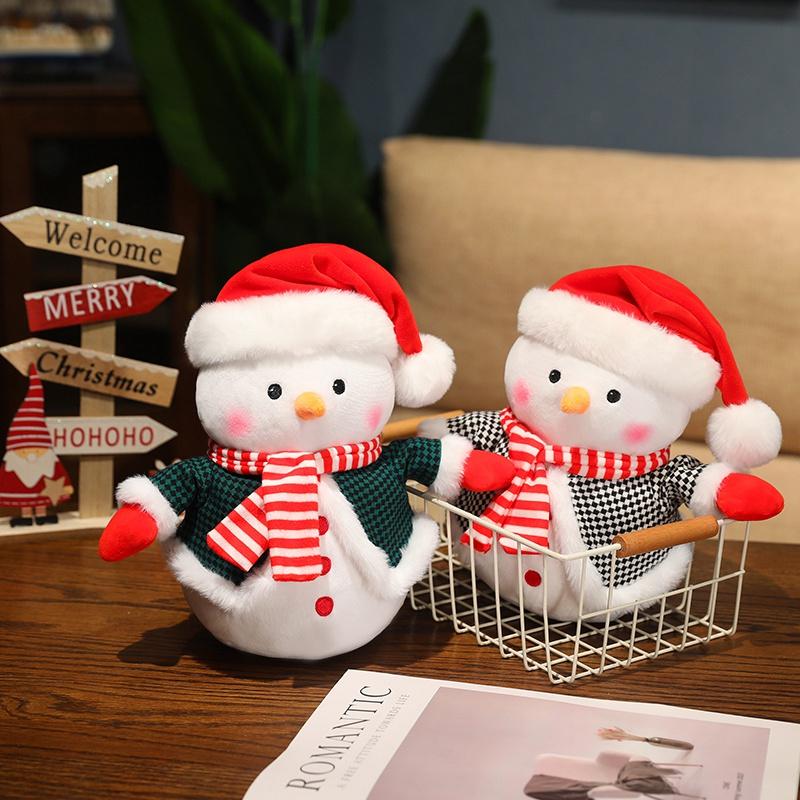 1Pc 25Cm Lovely Christmas Snowman Plush Toys Kawaii Snowman Wears Santa'S Hat Scarf Loose Coat Doll For Xmas Party Decor Gift