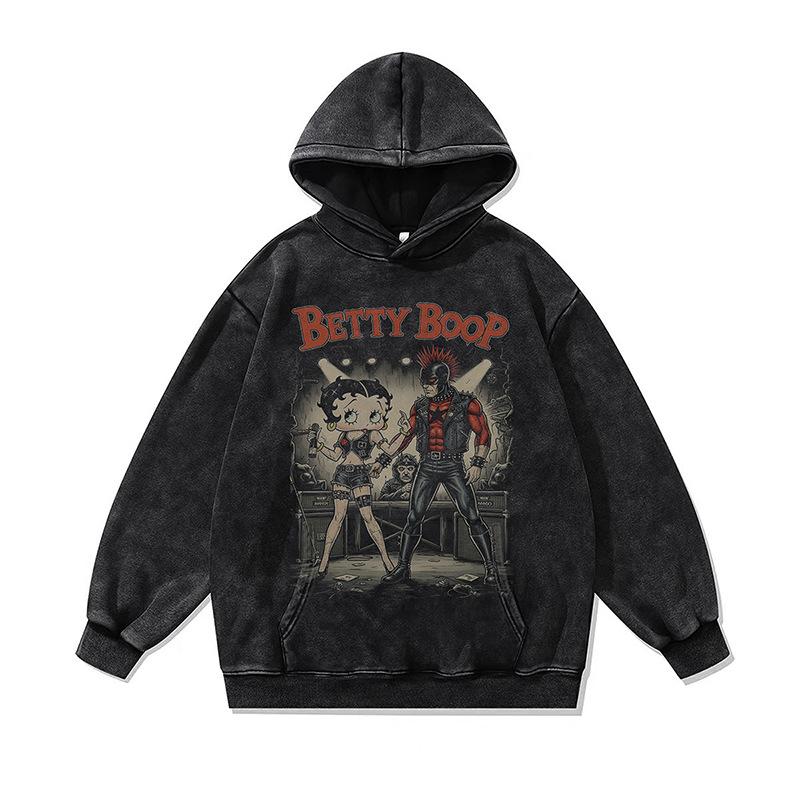 American Retro Cartoon Direct Injection Printing Hoodie Men And Women Autumn And Winter Oversize Washed Hooded Sweater