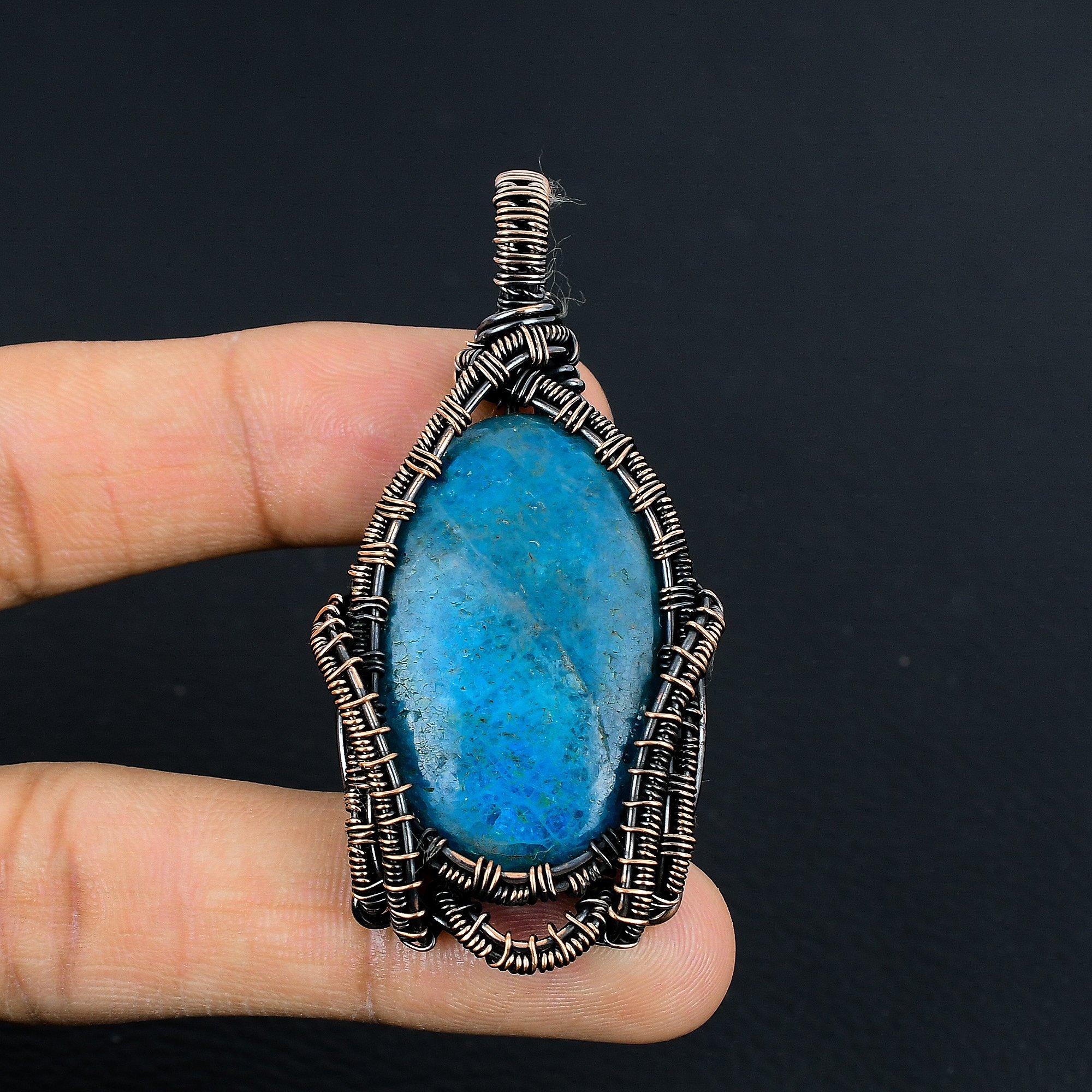 

Neon Blue Apatite Gemstone Pendant 999 Copper Wire Wrapped Jewelry, Handmade Antique Pendant Jewelry, Gift For Mother 2.55 Inches