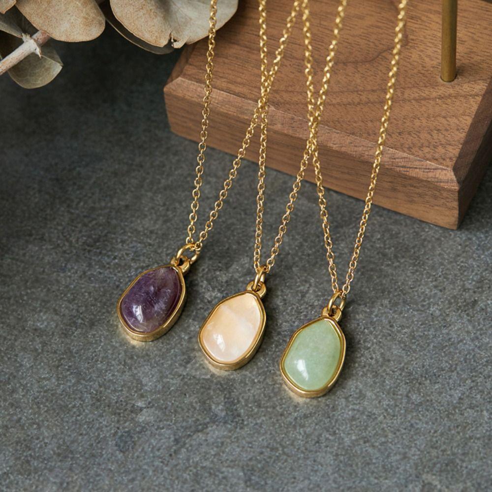 Purple Titanium Steel Necklace Casual Geometric Pendant Necklaces Green Stone Necklace  Gift