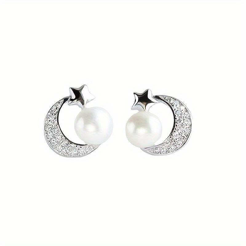 Minimalist Star Moon Earrings Fashionable Imitation Pearl Zircon Women s Earrings серебряный