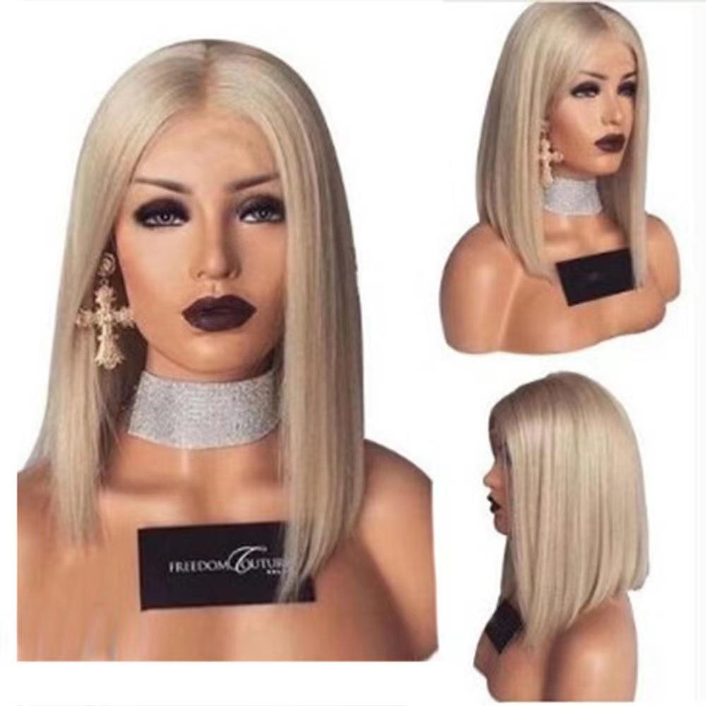 

European and American Style Women’s Short Straight Wig Lace Front Side Part Synthetic Full Wig золотий