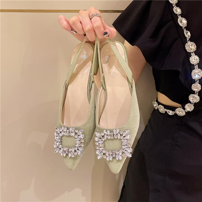 Design Sense Niche Low-heeled Shoes French Retro Single Shoes Late Evening Temperament Celebrity Rhinestone Square Buckle Back with Sandals