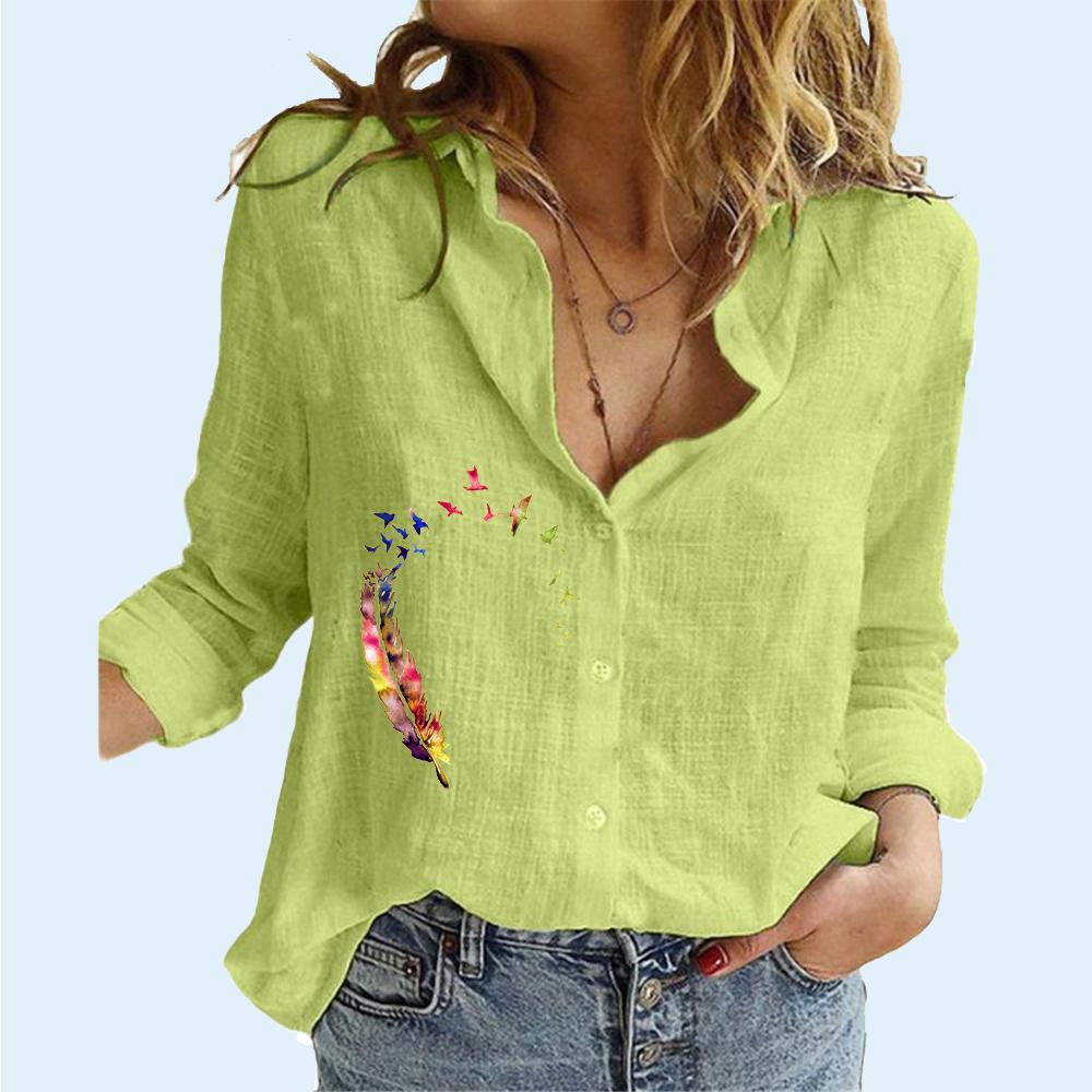 Women Fashion Long Sleeve Shirt Summer&fall Loose Cotton Linen Shirt Female Casual Print Buttoned Blouses
