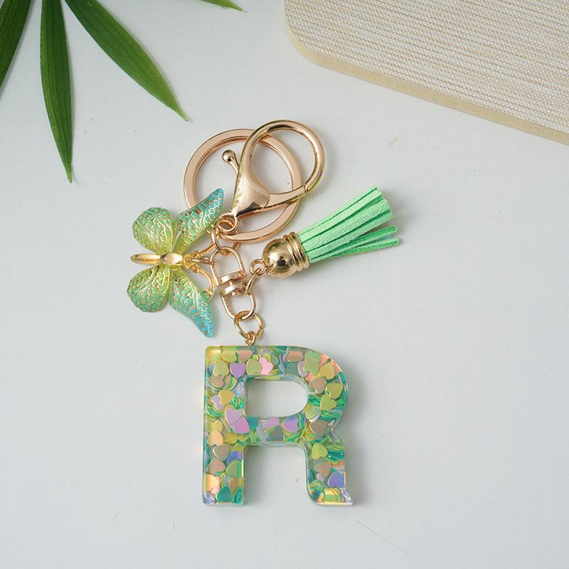 A-Z Initial Letter Keychain Green Butterfly Tassel Letter Charm Bag Pendant Couple Key Holder Pendant For Friend Gifts