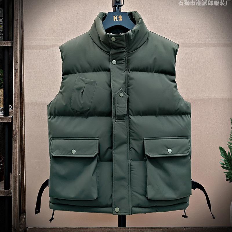 New Stand-up Collar Vest Men's Autumn and Winter Cold and Warm Trendy Brand Cotton Vest Thickened Tooling Jacket