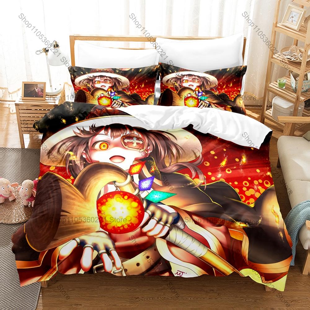 KonoSuba Four Main Party Characters Fantasy Adventure Merchandise Bedding Set Duvet Cover + 2 Pillowcases Anime Fan Holiday