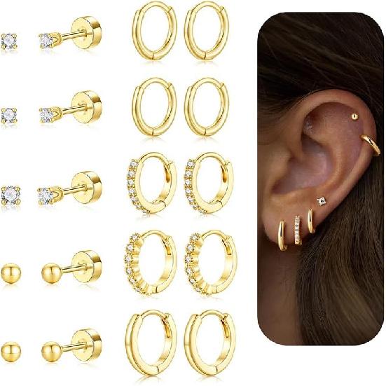 10 Paar Gold-Creolen für Damen | 14K Goldplattierte Stecker-Creolen, Flache Rückseite, Knorpel-Ohrring-Stacks, Mehrfachpiercing, Hypoallergen