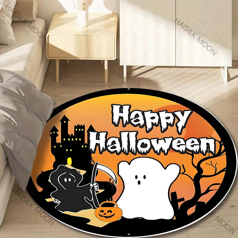 1PC Pumpkin Head Bat Castle Halloween Round Carpet for Kids Living Room Rugs Picnic Mats Flannel Anti-Slip Rug Luxury Gift