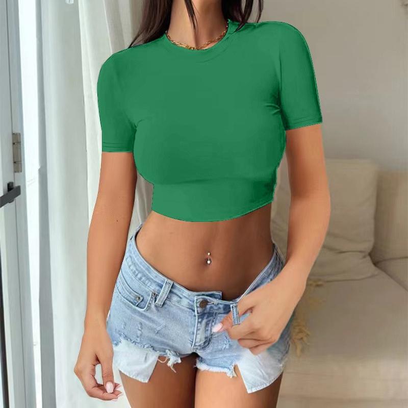Spice Girl Solid Color Crew Neck Long Sleeve Button Top Slim Short Sexy T-Shirt Women