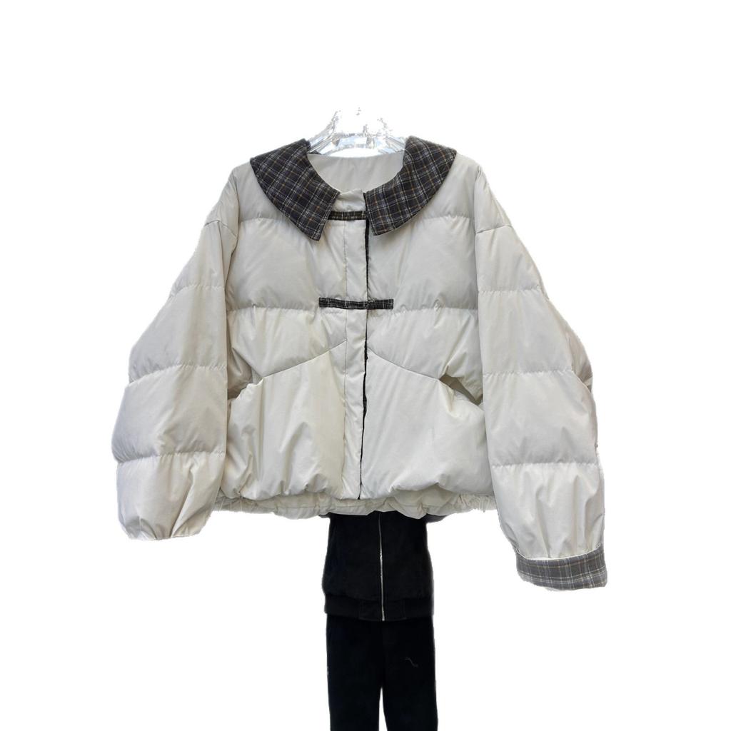 Autumn and winter new contrasting color doll collar down jacket women's short white duck down loose and thin plaid jacket