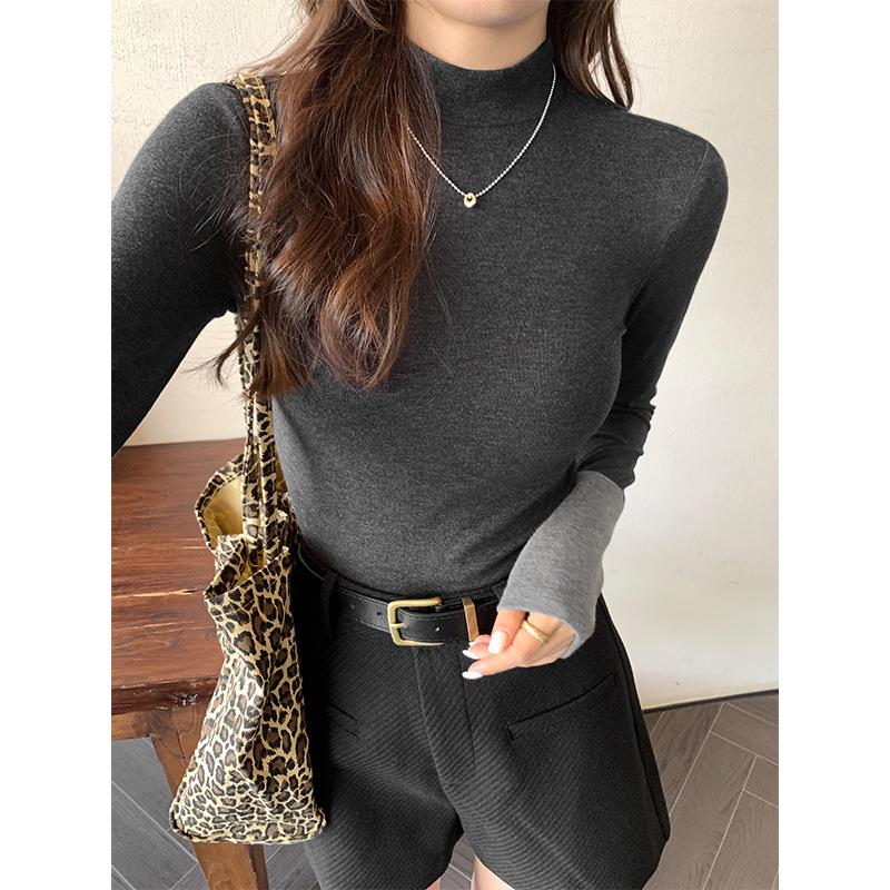 

Женская базовая рубашка с полувысоким воротником на осень и зиму, корейский стиль, многослойный внутренний слой, эластичный, облегающий, слим-фит, топ со стойкой XL