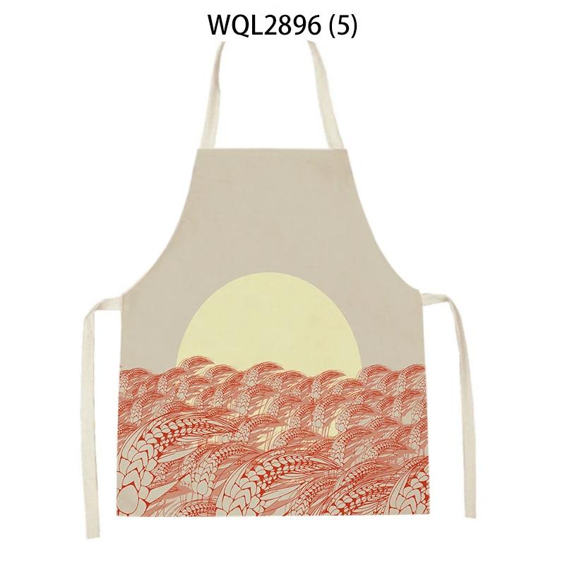 Plants Printed Kitchen Aprons Men Women Cooking Cleaning Aprons Wheat Flowers Pattern Linen Waist Apron Baking Accessories
