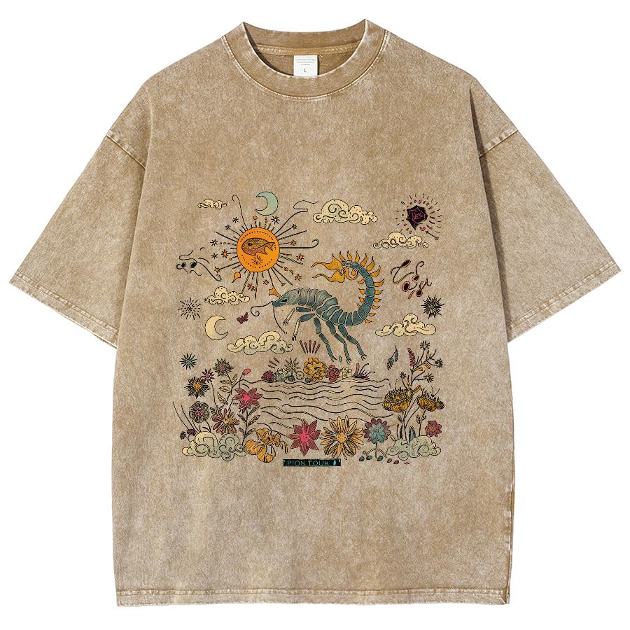 Cartoon Landschaftsdruck Schlichter Stil Damen T-Shirt Unisex Waschung Rundhalsausschnitt Kurzarm Vintage Distressed Basic Tee