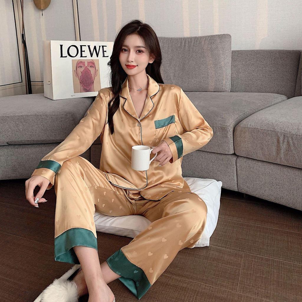 Fashionable Ice Silk Heart Print Pajama Set - Women's Long Sleeve Cardigan for Spring/Summer.