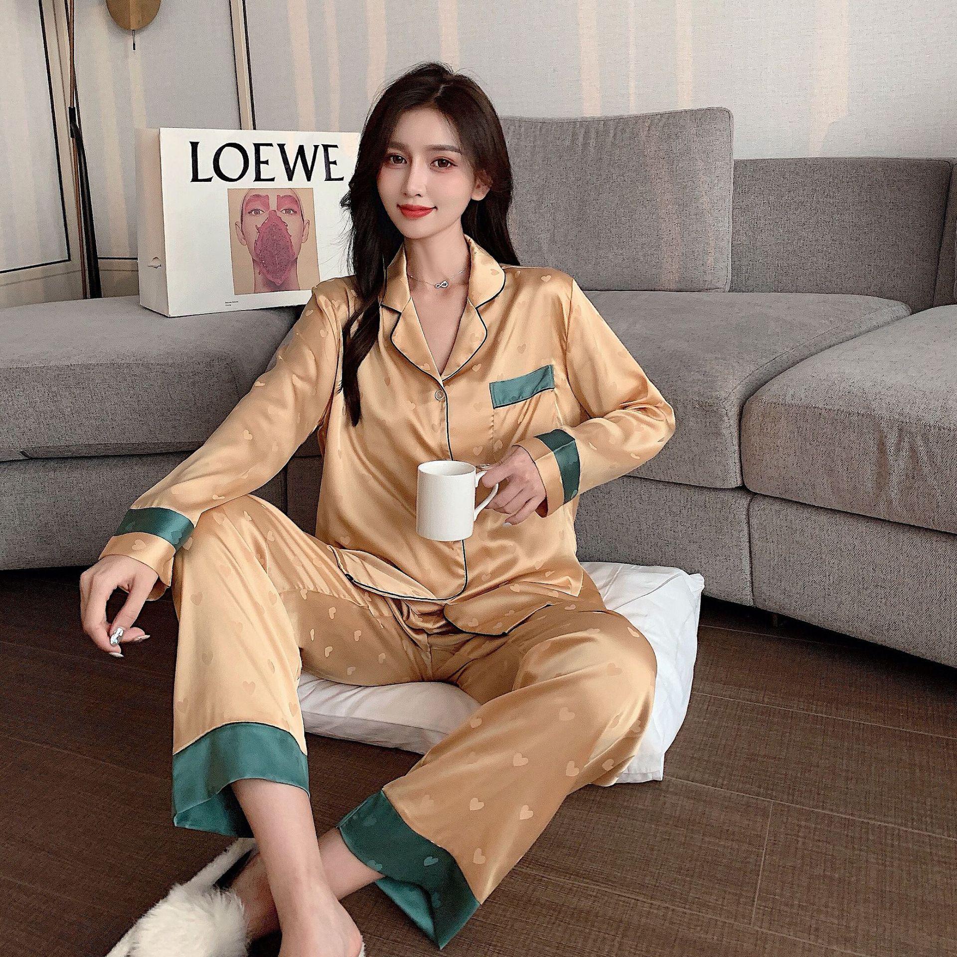 

Fashionable Ice Silk Heart Print Pajama Set - Women s Long Sleeve Cardigan for Spring/Summer. Extra Large