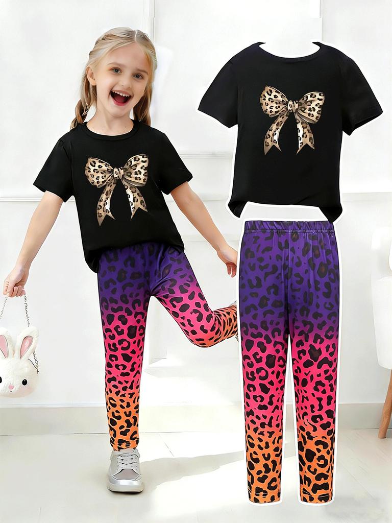 Girls' Summer Casual Short-Sleeve Long Pants Set - European & American Print
