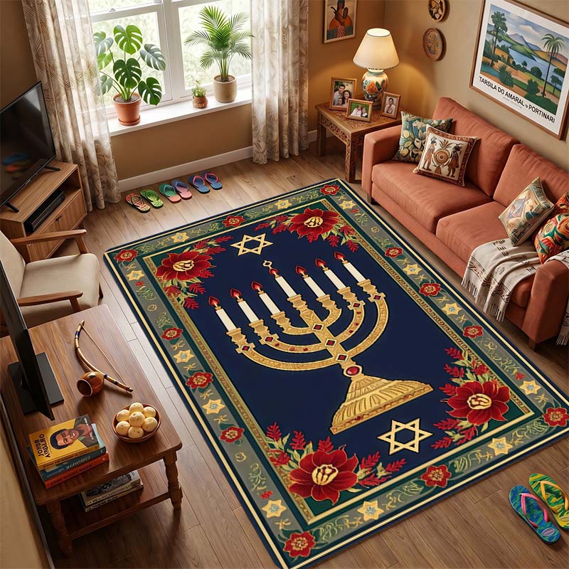 Golden Seven Branch Menorah Vintage Carved Gold Floral Frame Navy Blue Anti-slip Area Rug Jewish Religious Holiday Decor Floor Mat