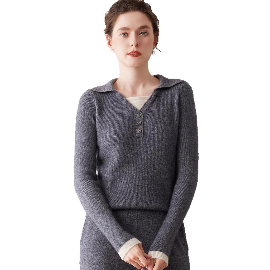 Elegant Two-Piece Look POLO Collar Cashmere Sweater for Women - Autumn/Winter 2025 Collection, Color Block Knit Lapel Base Layer Top