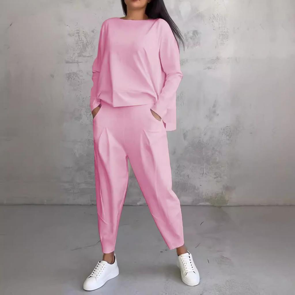 Women's Two-piece Solid Color Round Neck Long Sleeved Top and Casual Pants Set for Autumn
