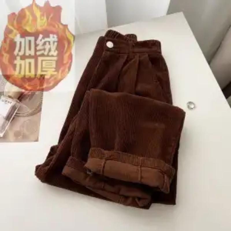 

Вельветовые брюки широкие для женщин 2025 Осень и Зима Утепленные Новые С высокой талией Свободные Маленькие Прямые Повседневные Брюки для Женщин S коричневый